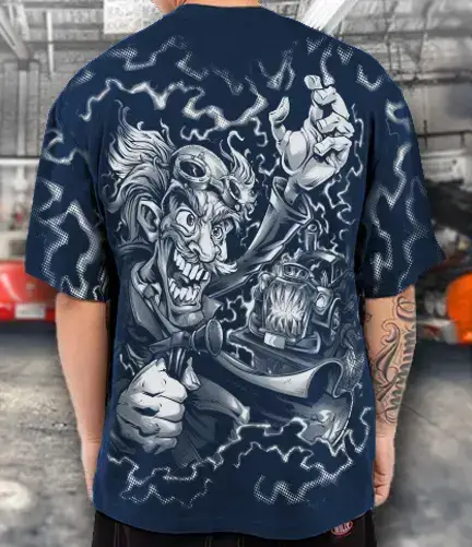 Custom all over print on the back of a t-shirt of a guy.
