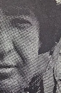 a close up picture of a persons face showing the dots in all over screen printing