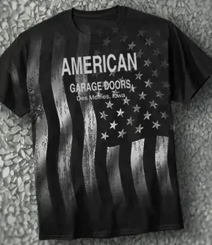 A photo of an all over print on the front of a t-shirt with an american flag. 