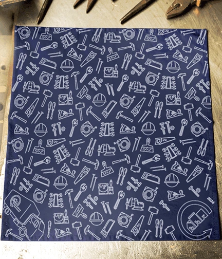 Blue bandana with a repeating white pattern of hand tools including hammers, wrenches, and screwdrivers.