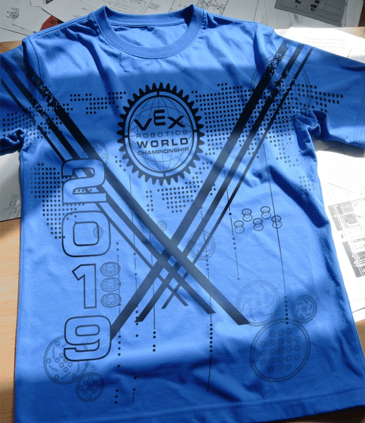 Blue VEX Robotics World Championship 2019 event t-shirt with geometric branding.