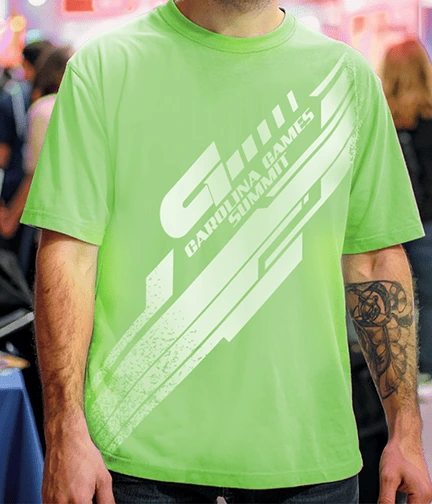 Neon green t-shirt with white diagonal graphic design and text Carolina Games Summit.