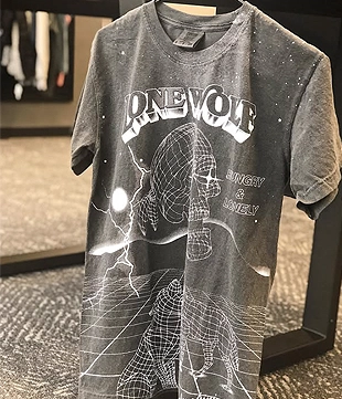 Grey t-shirt with Lone Wolf graphic featuring a wireframe planet design.