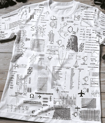 White t-shirt with black technical diagrams, engineering equations, and scientific sketches.