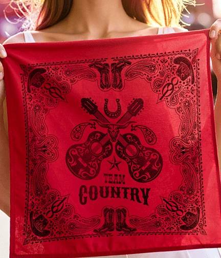 Red bandana featuring a western theme with guitars, cowboy boots, and the text Team Country.