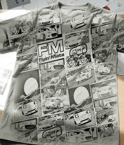 Grey t-shirt with a collage design featuring classic Mazda Miata sports cars and the text FM Flyin' Miata.