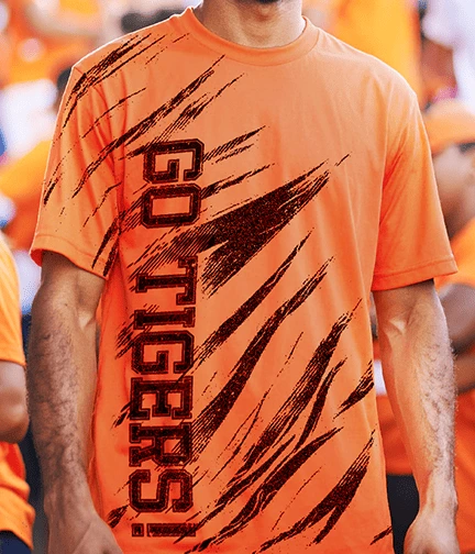Orange athletic t-shirt with black tiger stripe pattern and Go Tigers! text.