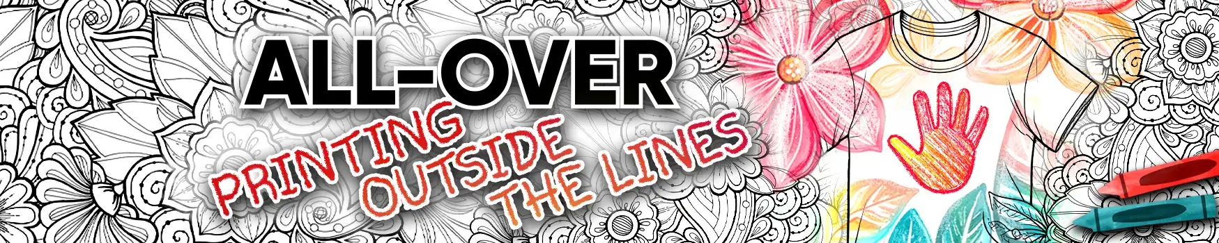 Custom all over print t-shirts showing bold edge-to-edge graphic designs for teams, events, and schools.