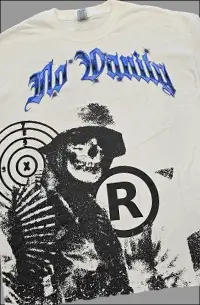 all over print in black with an added front screen print on a white shirt