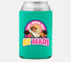 Teal full-color standard can cooler koozie with vibrant printed design 'Eat Drink and Be Mari' including a woman in sunglasses and retro sunset graphic