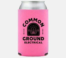 Pink standard can cooler koozie with black single-color screen-printed text logo 'Common Ground Electrical'