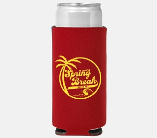 Red slim can cooler koozie with yellow single-color screen-printed Spring Break palm tree logo on a 12 oz skinny can