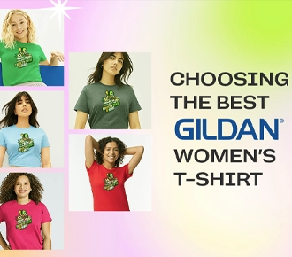 various photos of women wearing different gildan customizable t-shirts