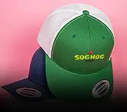 a 6-panel hat in green and white with sog hog embroidery on the front