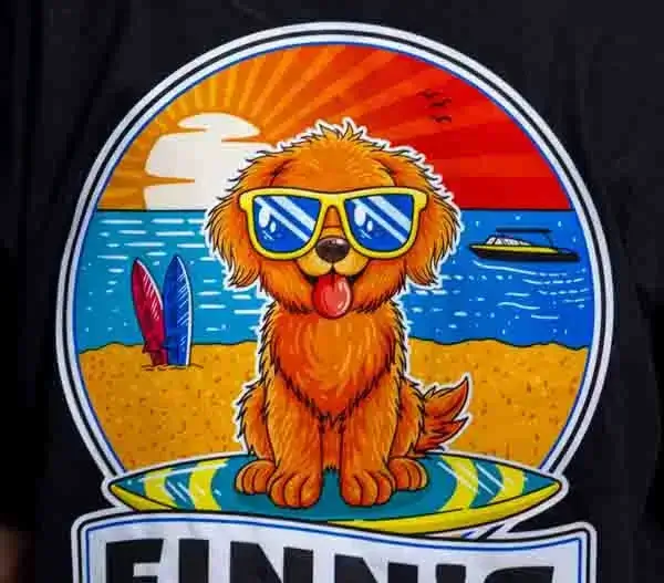 DTF on a black background of a colorful dog with sunglasses at the beach.