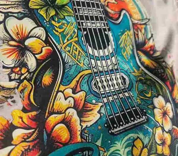 photo of a direct-to-film printed guitar