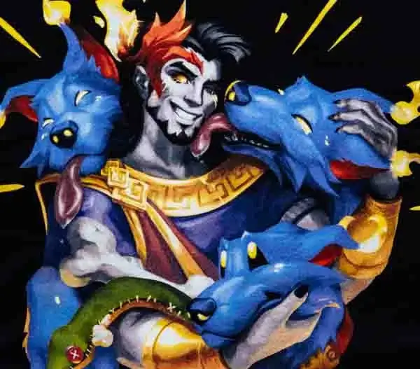 Full color DTF character print with bold fantasy-style artwork and bright blue, gold, red, and purple details on a black shirt.