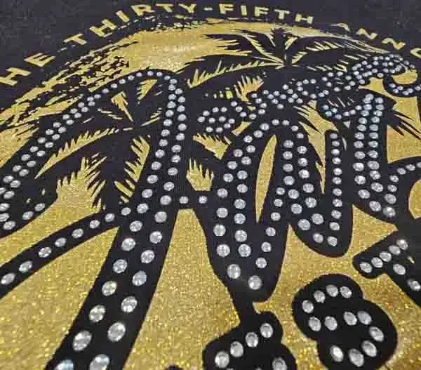 crystal rhinestones on a black women's t-shirt