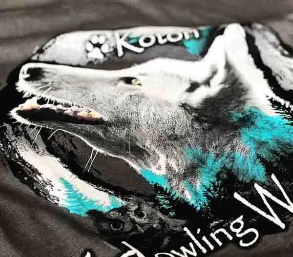a photograph of a screen printed wolf