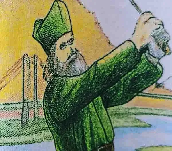 Vintage-style screen print print of a golfer in green with a bridge and landscape background.