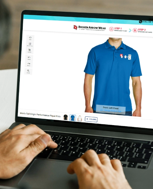 a person on a laptop customizing a tall polo shirt in the Broken Arrow Wear online design studio