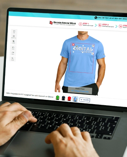 a photo of a person on a laptop creating a custom design on a yellow t-shirt