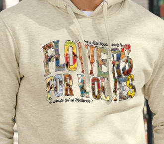 Beige hoodie with colorful Flowers for Hollies graphic text design.