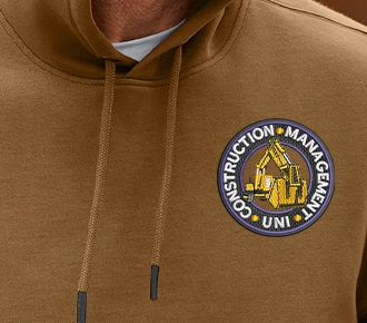 Brown hoodie with embroidered Construction Management UNI patch logo on the chest.