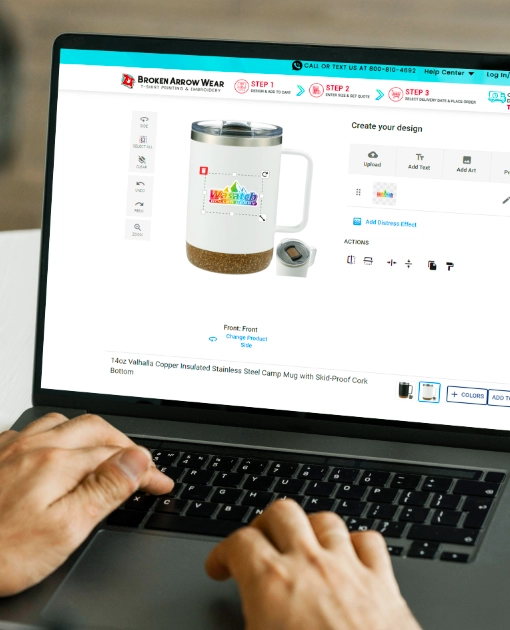 image of someone customizing a mug in the Broken Arrow Wear online design tool
