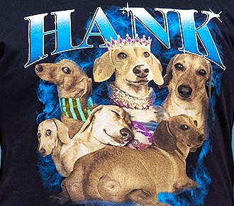 90s-style vintage collage t-shirt design featuring multiple dachshund dogs and the name HANK in blue chrome lettering.