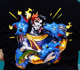 Vibrant digital t-shirt print featuring a stylized illustration of a Greek god character with blue multi-headed dogs on a black garment.