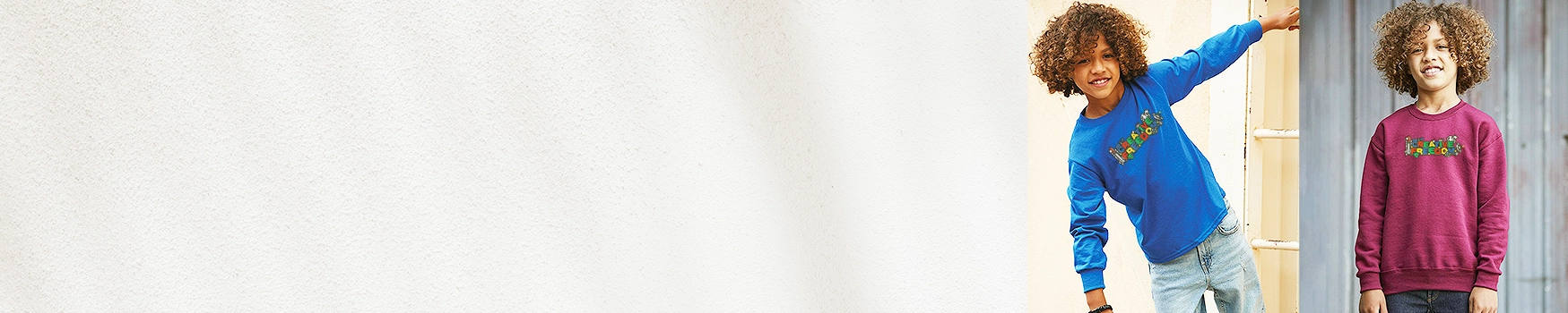 two children in crewneck sweatshirts with a custom printed design on them