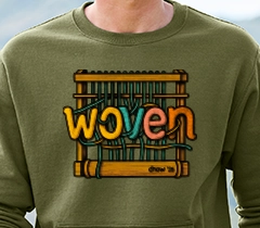 person wearing a navy crewneck sweatshirt with a custom screen print on it.