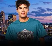 guy wearing an aqua cotton/poly blend printed shirt