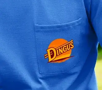 Custom logo printed directly on the pocket of a blue t-shirt featuring the Dingus design.