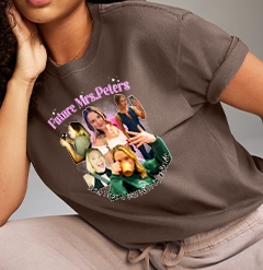 Brown t-shirt featuring a high-detail Direct-to-Film (DTF) photographic transfer.