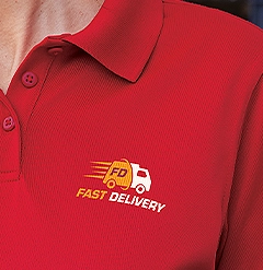 Red polo shirt featuring a custom embroidered Fast Delivery logo on the chest.