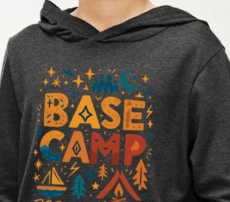 Custom logo printed directly on the pocket of a blue t-shirt featuring the Dingus design.