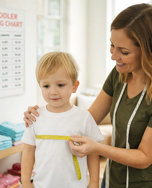 Woman measuring toddler T-shirt chest with measuring tape in children’s clothing store