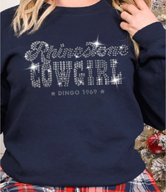Rhinestone Cowgirl graphic in clear crystals on a navy blue crewneck sweatshirt.