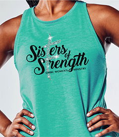 Sisters of Strength ministry branding featuring a mix of black screen print and rhinestone embellishments on a teal tank top.