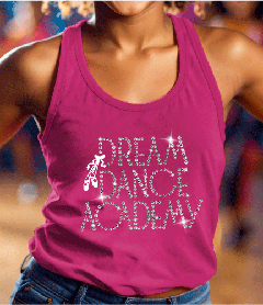 Pink Dream Dance Academy logo in sparkling silver rhinestones on a bright pink athletic tank top.