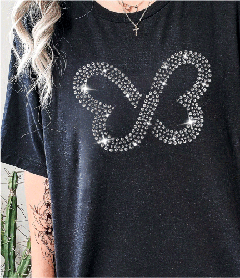 Large silver rhinestone butterfly outline graphic on a classic black cotton t-shirt.