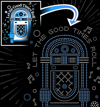 Sparkling rhinestone heat transfer design of a retro jukebox with the text LET THE GOOD TIMES ROLL and musical notes on a black background.
