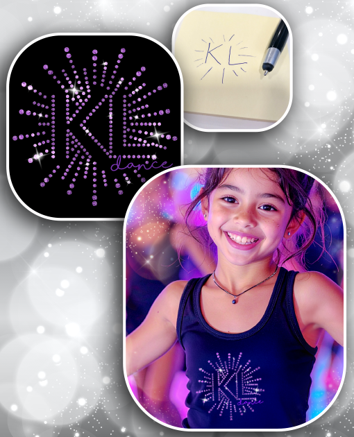 A multi-image collage showing the rhinestone custom apparel process: a hand-drawn KL sketch, the digitized purple rhinestone KL Dance starburst logo, and a young girl smiling while wearing the finished branded tank top.