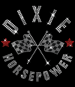 Custom rhinestone heat transfer design featuring DIXIE HORSEPOWER text with checkered racing flags and red stars on a black background