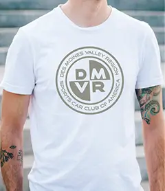 White t-shirt featuring a DMVR circular graphic, ideal for club or group merchandise.