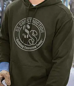 Heather olive green hoodie with a screen-printed reflective circular logo for a construction and trade company.