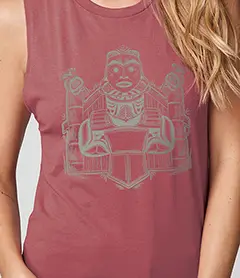 Women's maroon sleeveless tank top with a light-colored reflective screen-printed graphic on the chest.