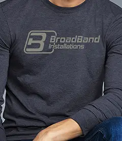 Men’s charcoal long-sleeve shirt featuring a Broadband Initiative corporate logo in silver ink.